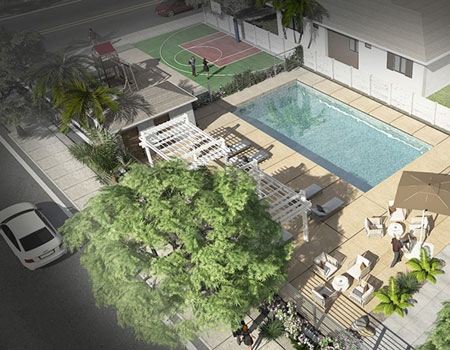 Rendering of pool area with attached basketball court